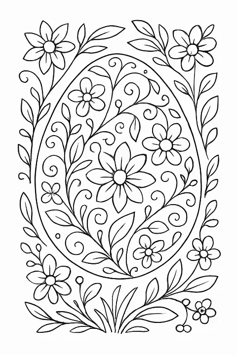 Intricate floral pattern on an Easter egg coloring page with bold black outlines.