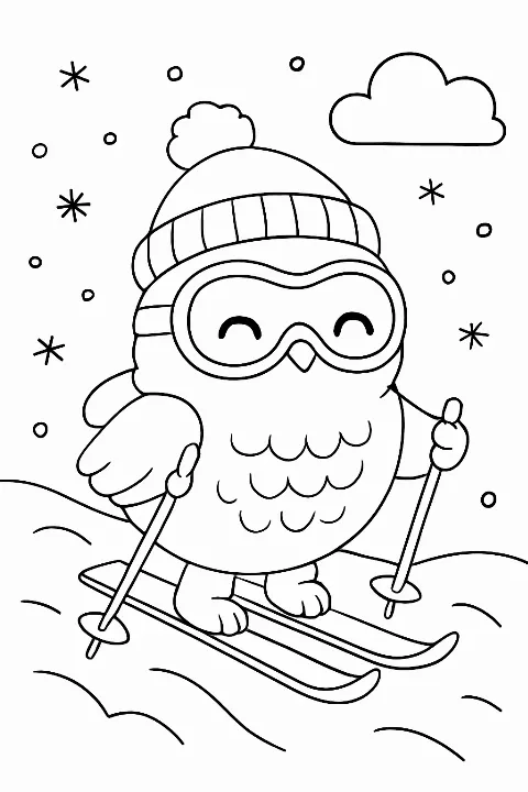 A cute snowy owl with a winter hat enjoying a snowy owl skiing coloring page.