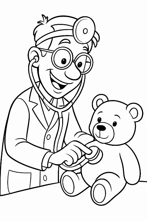 A friendly, funny doctor performing a checkup on a teddy bear in this printable doctor coloring page.