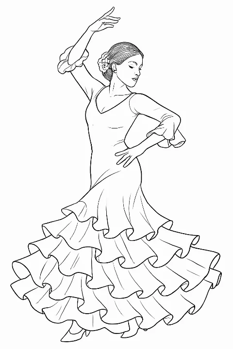 Detailed flamenco dancer coloring page featuring a woman in a ruffled dress.