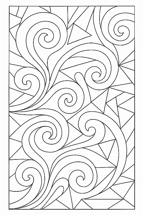 A peaceful abstract geometric coloring page featuring flowing shapes and patterns.