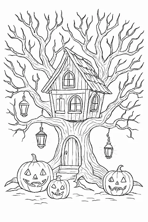 A detailed haunted treehouse coloring page featuring twisted branches and glowing lanterns in a dark forest.