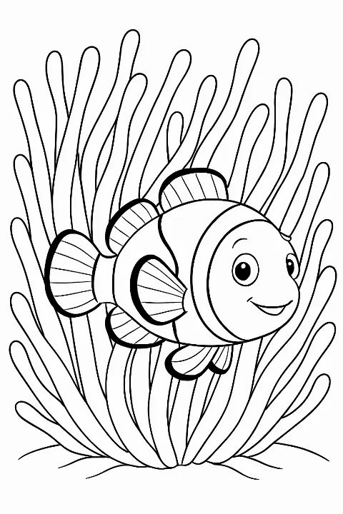 A friendly clownfish hiding in a sea anemone on a detailed clownfish and anemone coloring page.
