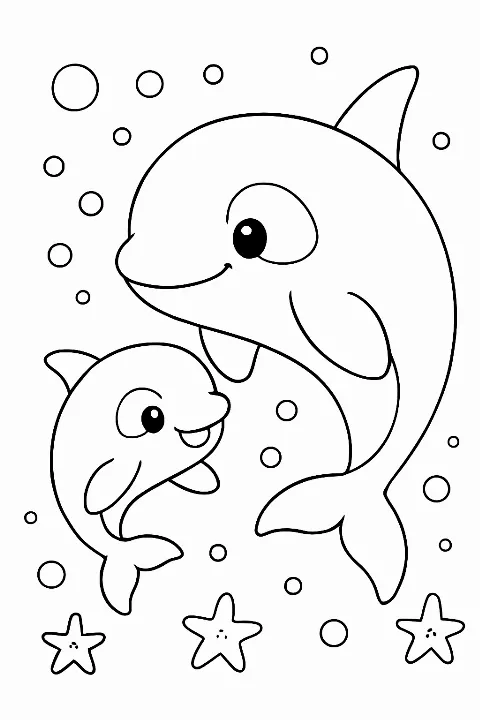 A cute mother and baby orca orca coloring page with bubbles and starfish