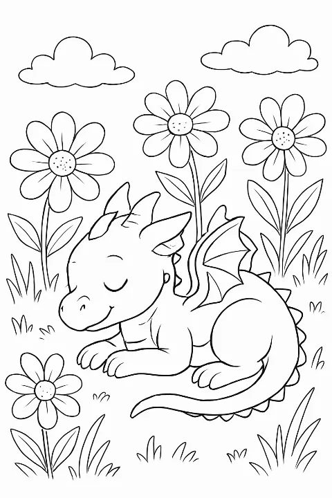 A cute baby dragon sleeping in a flower garden on a fantasy dragon coloring page.