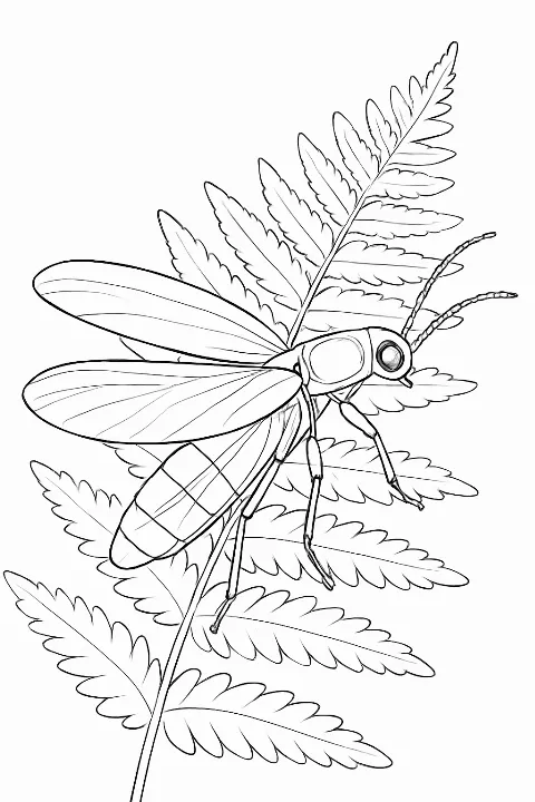 A detailed firefly perched on a fern leaf on a firefly botanical coloring page.