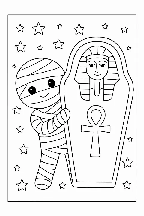 A cute mummy peeking from a sarcophagus on a fun mummy coloring page.