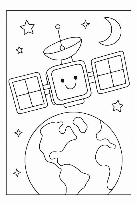 A friendly satellite in orbit, featured on a satellite coloring page with simple, clean black and white lines.