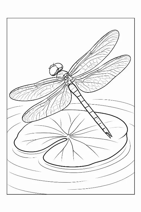 A detailed dragonfly resting on a lily pad in this nature-themed dragonfly coloring page.