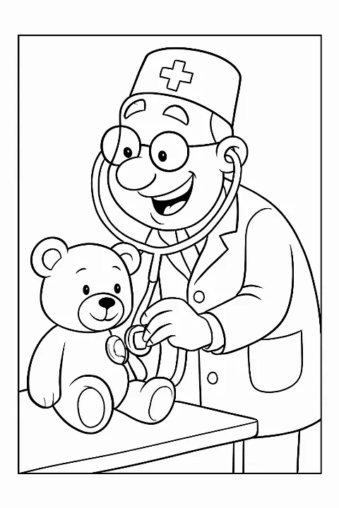 A happy veterinarian doctor coloring page featuring a funny scene with a teddy bear patient.
