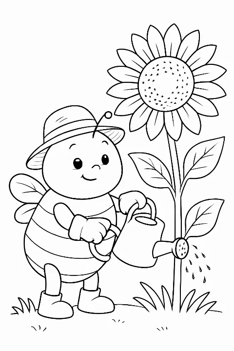 A happy chubby bee wearing a straw hat on a fun bee coloring page.