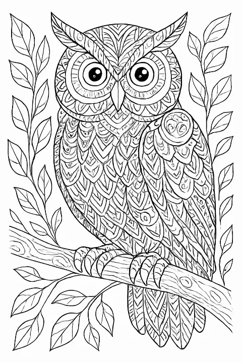 A detailed zentangle forest owl coloring page with elegant geometric patterns and clean lines.