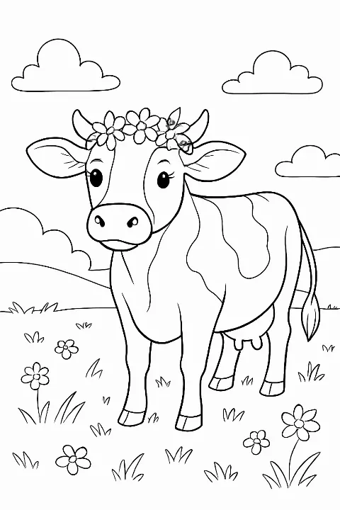 A friendly cow standing in a grassy meadow on a dairy farm cow coloring page.