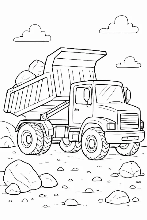 Detailed dump truck coloring page parked on a construction site with clean line art.