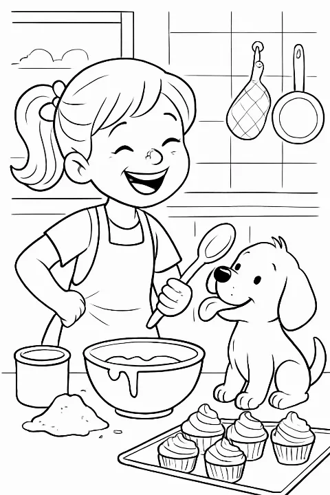 A happy girl baking cupcakes coloring page featuring a funny puppy in a messy kitchen.