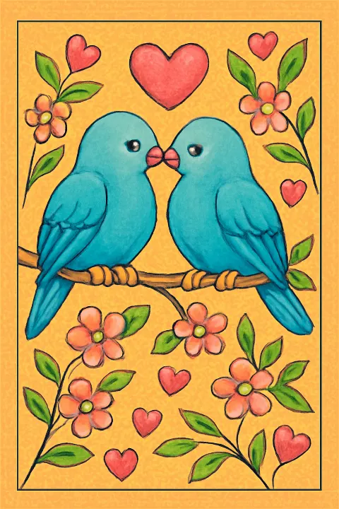 Coloring example - Whimsical Love Birds Valentine's Day Coloring Page