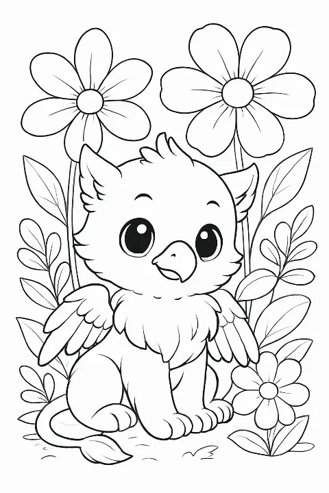 A cute baby griffin sitting among magical flowers in this printable baby griffin coloring page.
