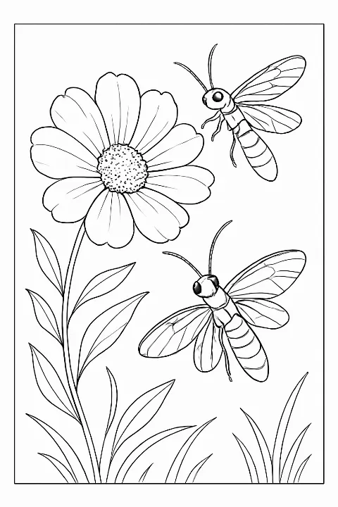 Detailed firefly coloring page featuring two realistic fireflies near wildflowers in a garden.