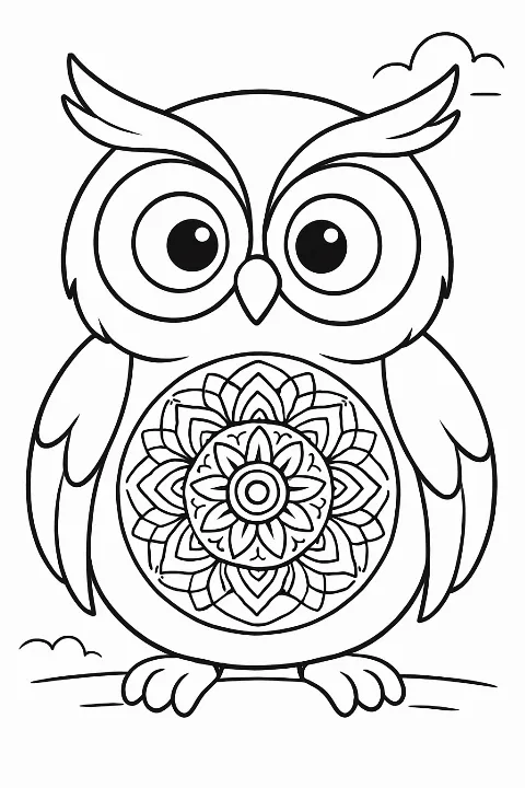 A happy owl with mandala patterns on its feathers, designed as a fun owl mandala coloring page.