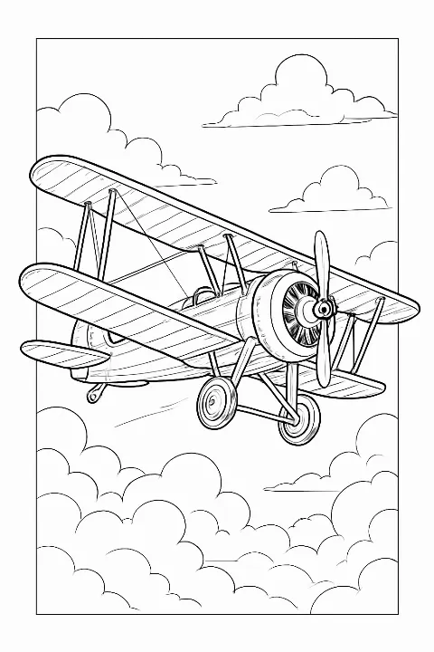 Sophisticated vintage biplane coloring page featuring clean outlines and intricate mechanical details.