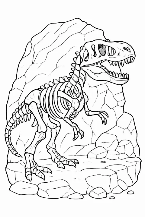 A detailed dinosaur fossil coloring page featuring a T-Rex skeleton buried in rock.