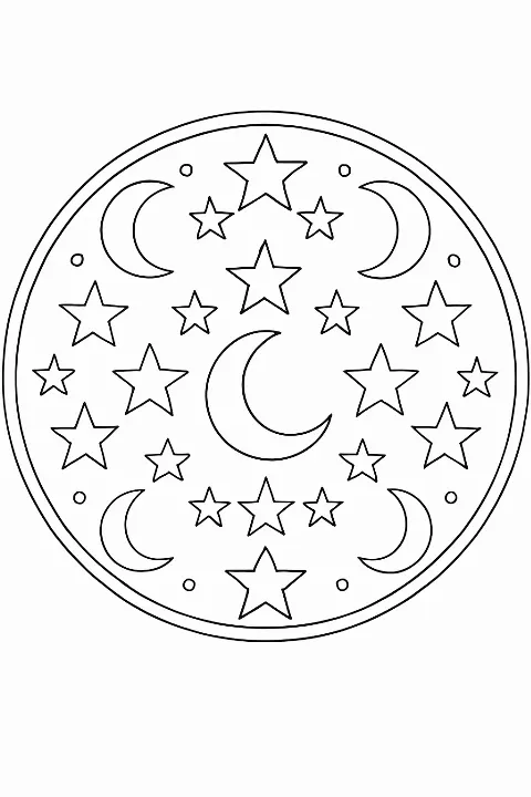A detailed celestial stars coloring page with moons and geometric patterns in black and white line art.