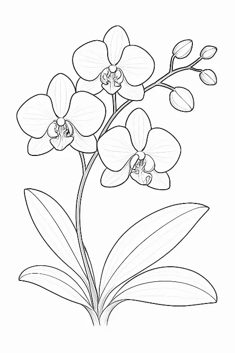 Detailed orchid flower coloring page featuring elegant petals and flowing leaves.