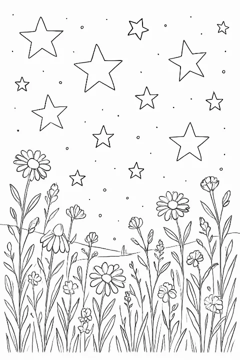 A peaceful meadow scene featuring flowers and large stylized stars in this starry meadow coloring page.