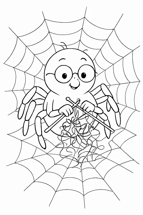 A cute spider knitting a web on this fun spider knitting web coloring page.
