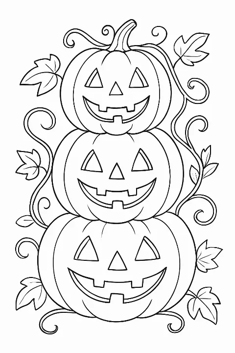 Three stacked cute jack o lanterns with leaves on a jack o lantern coloring page.