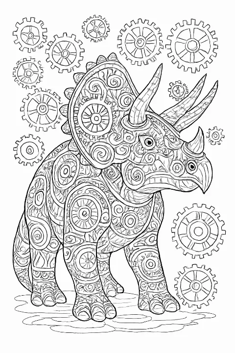 Detailed steampunk triceratops coloring page featuring ornate gears and patterns.