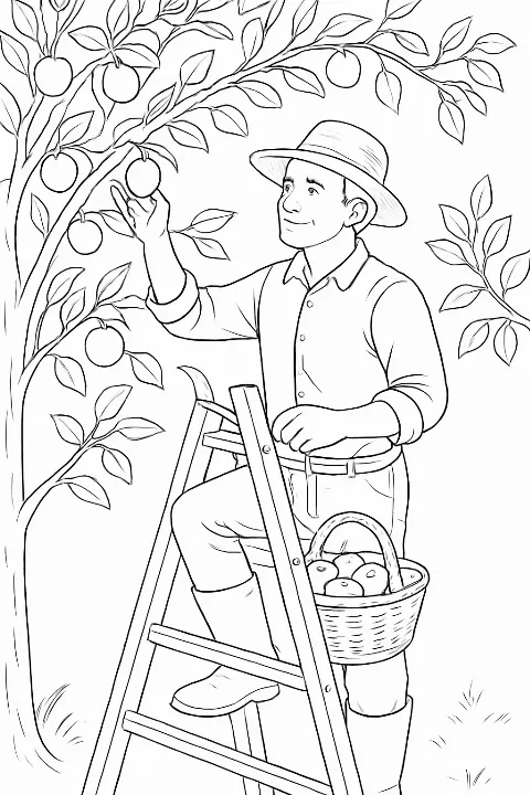 A realistic farmer harvesting apples coloring page featuring a ladder and fruit tree.