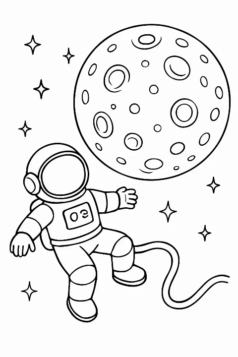 Astronaut floating near a moon on a space exploration coloring page