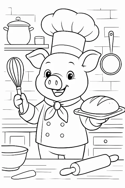 A happy pig chef wearing a tall hat in this printable pig chef coloring page.