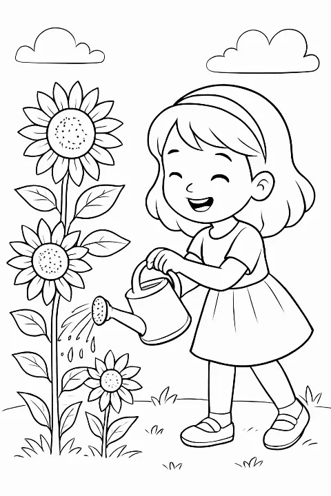 A happy girl watering giant sunflowers in a garden, featured on a clean, black-and-white girl gardening flowers coloring page.