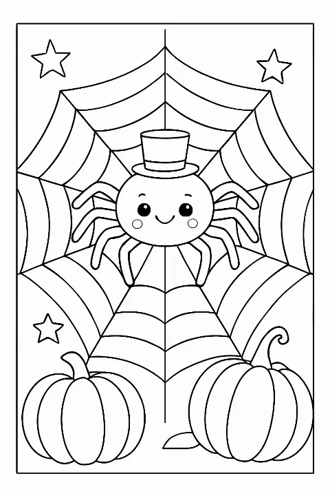A friendly spider on a detailed spider web coloring page with pumpkins and stars.