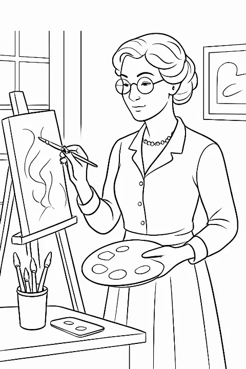Sophisticated art teacher coloring page with detailed studio supplies and an easel.