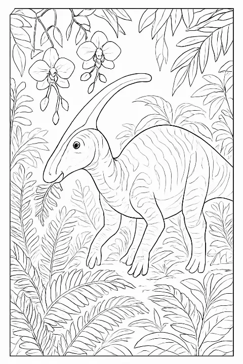 Detailed parasaurolophus standing in a lush tropical forest, a parasaurolophus jungle coloring page.