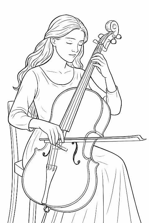 A detailed girl playing cello coloring page with elegant lines and realistic musical scene.