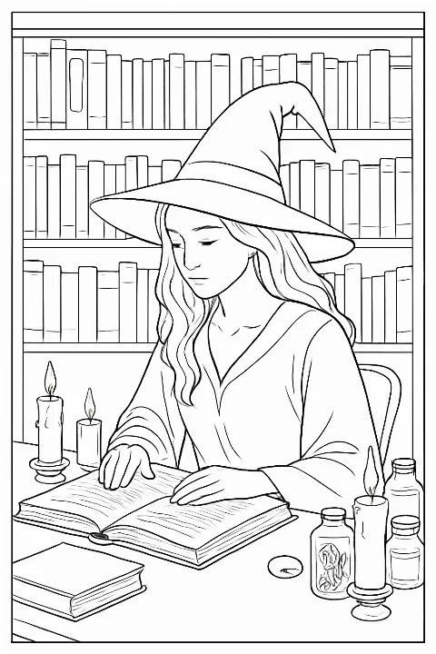 Detailed witch in library coloring page featuring magical books and candles.