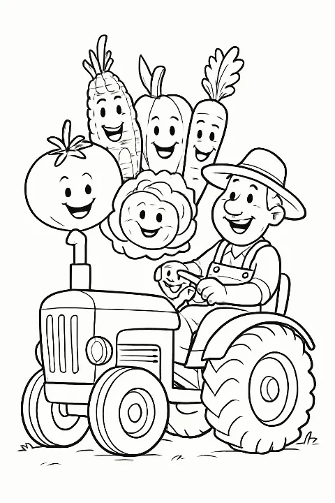 A cheerful farmer driving a tractor full of giant vegetables in this printable farmer coloring page.