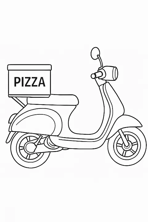 A detailed pizza delivery scooter coloring page featuring a motorbike with a pizza box.