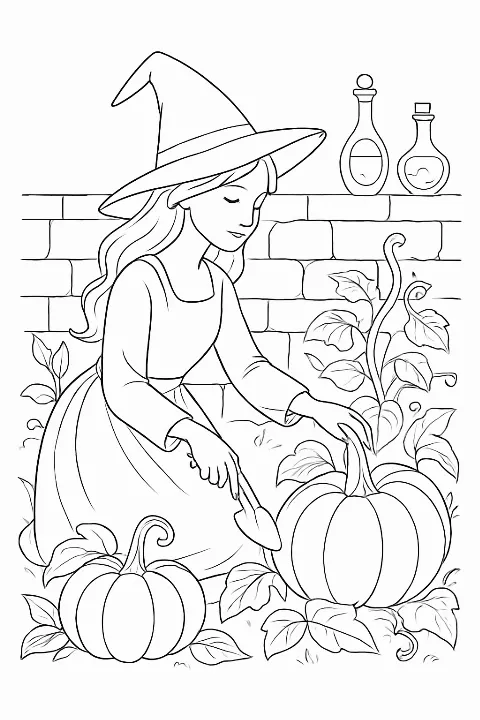 A detailed whimsical witch coloring page featuring a witch tending to magical pumpkins in a garden.
