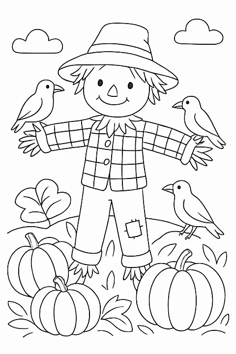 A friendly scarecrow surrounded by pumpkins on this detailed scarecrow coloring page.