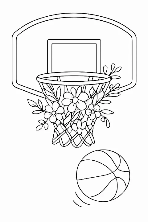 A decorative basketball hoop coloring page with a swishing net and floating ball for artistic fun.