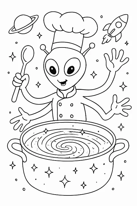 A happy alien chef stirring a swirling galaxy in a pot on this galaxy chef coloring page.