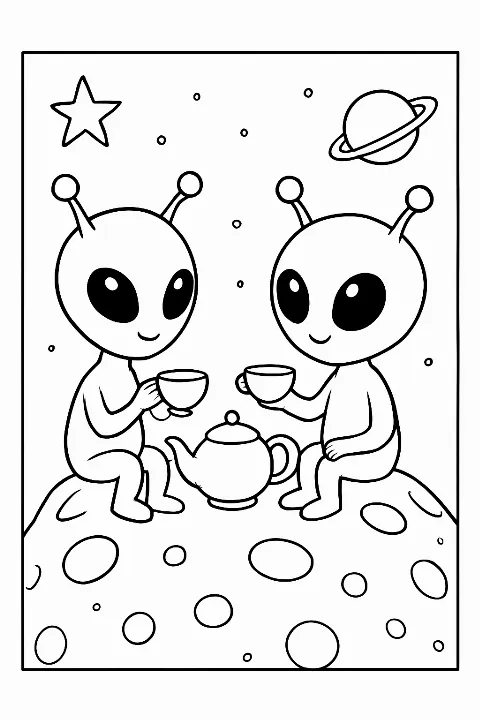 A charming alien tea party coloring page featuring two cute space creatures on a cratered moon.