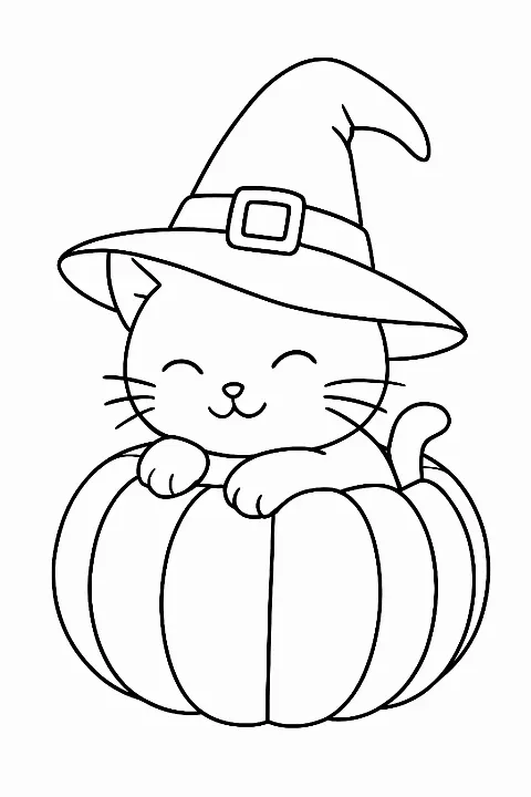 A cute kitten in a witch hat inside a pumpkin on this cozy witch cat coloring page.