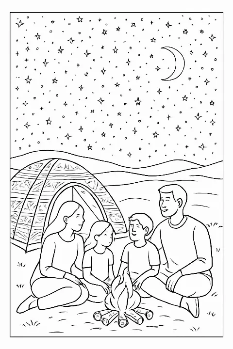 A family camping under a starry sky in this detailed family camping stargazing coloring page.
