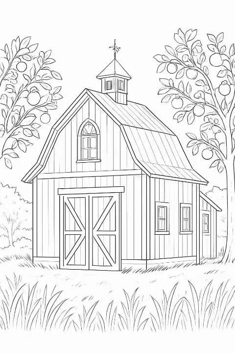Detailed architectural farm barn coloring page with realistic textures and trees